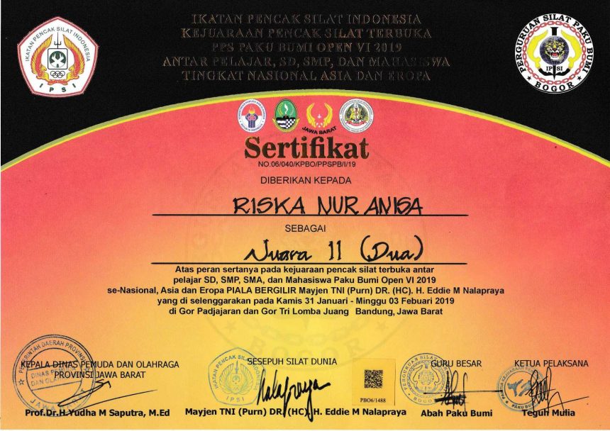 Piagam Kejuaraan Nasional Pencak silat PakuBumi SMP Telkom Bandung