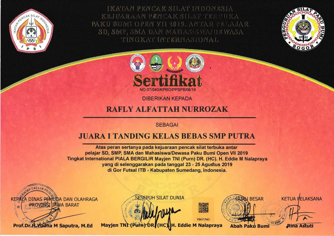 Piagam Juara Silat Tingkat Internasional SMP Telkom Bandung
